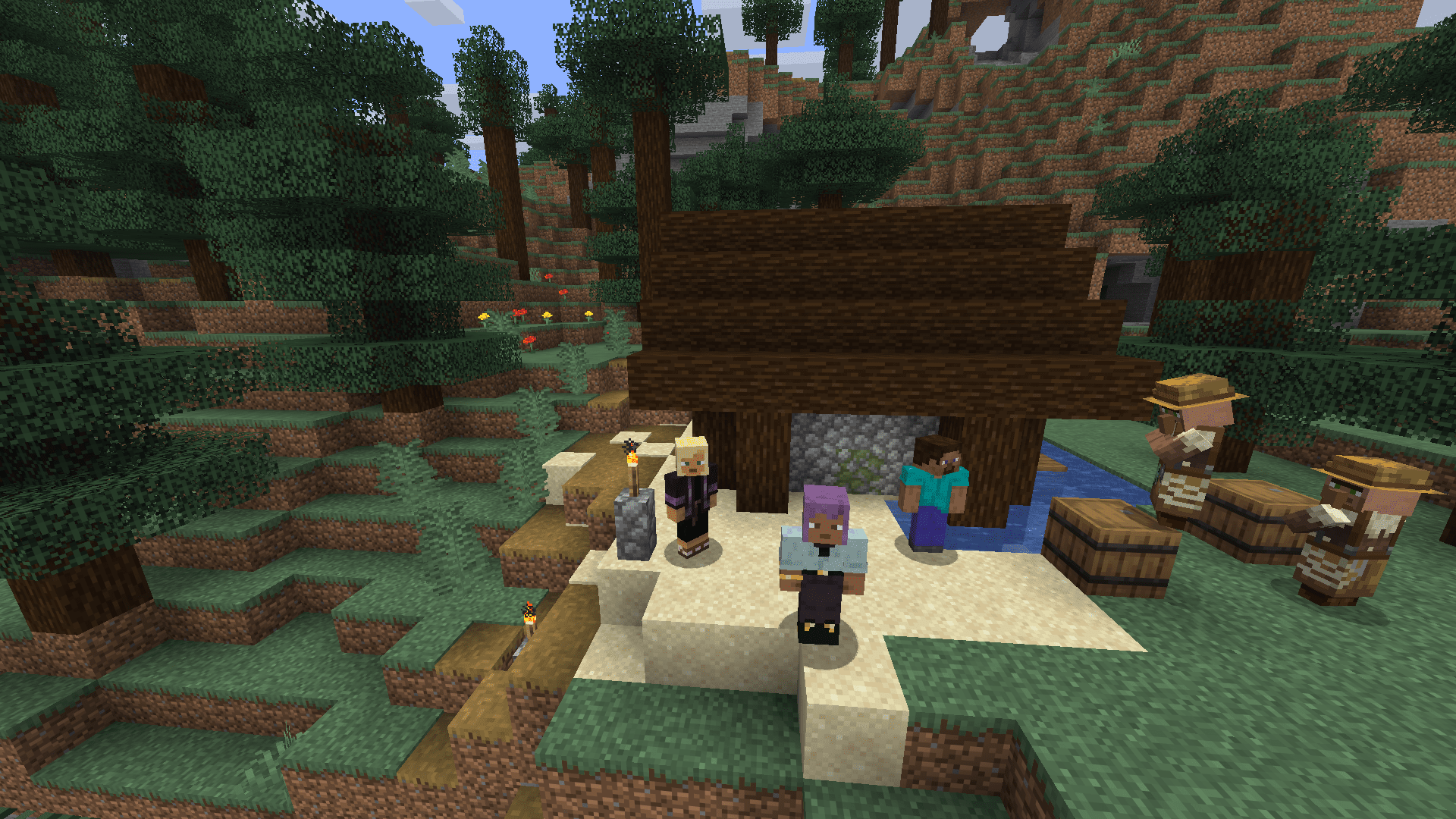 Três personagens de Minecraft ao lado do poço de uma vila numa floresta de pinheiros, com dois aldeões perto deles.